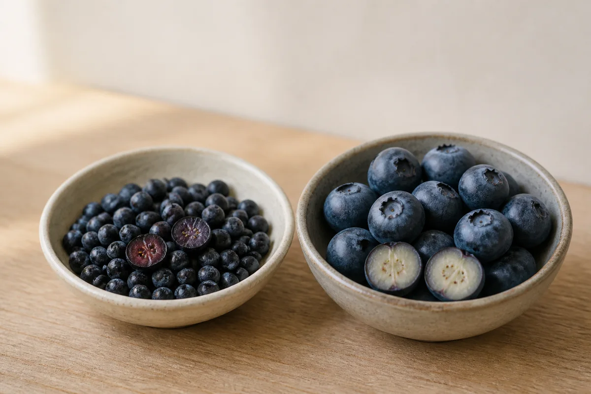 Bowls of bilberries and blueberries, some halved to show the flesh