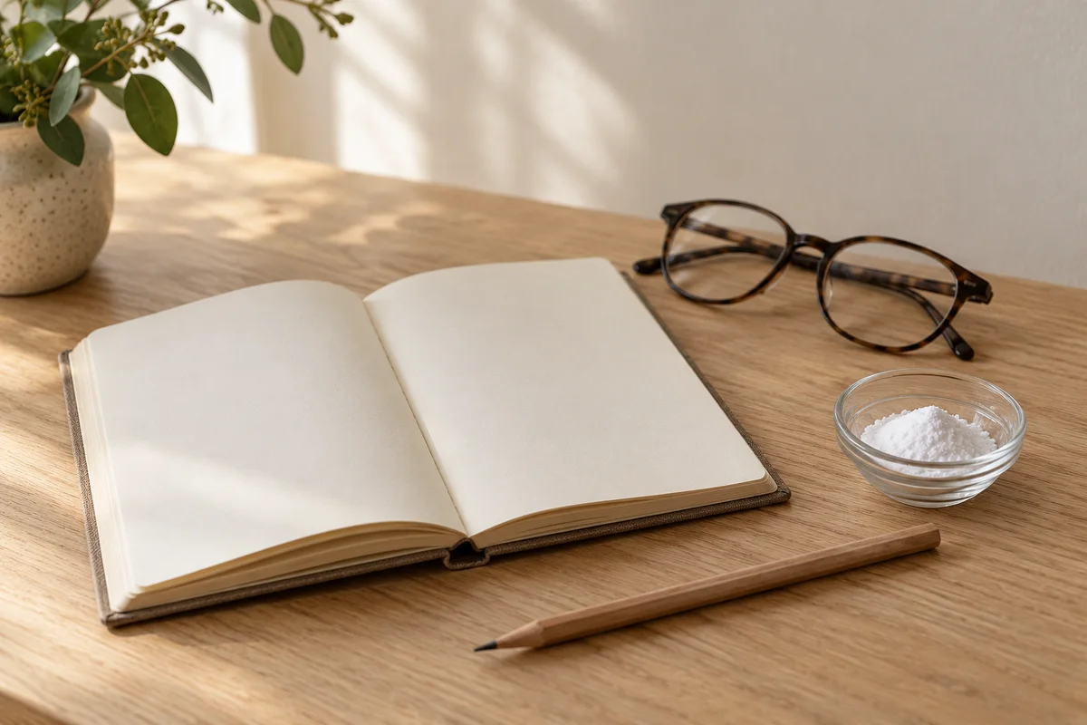 An open blank notebook, a pencil and reading glasses on an oak table beside a small glass dish of white powder