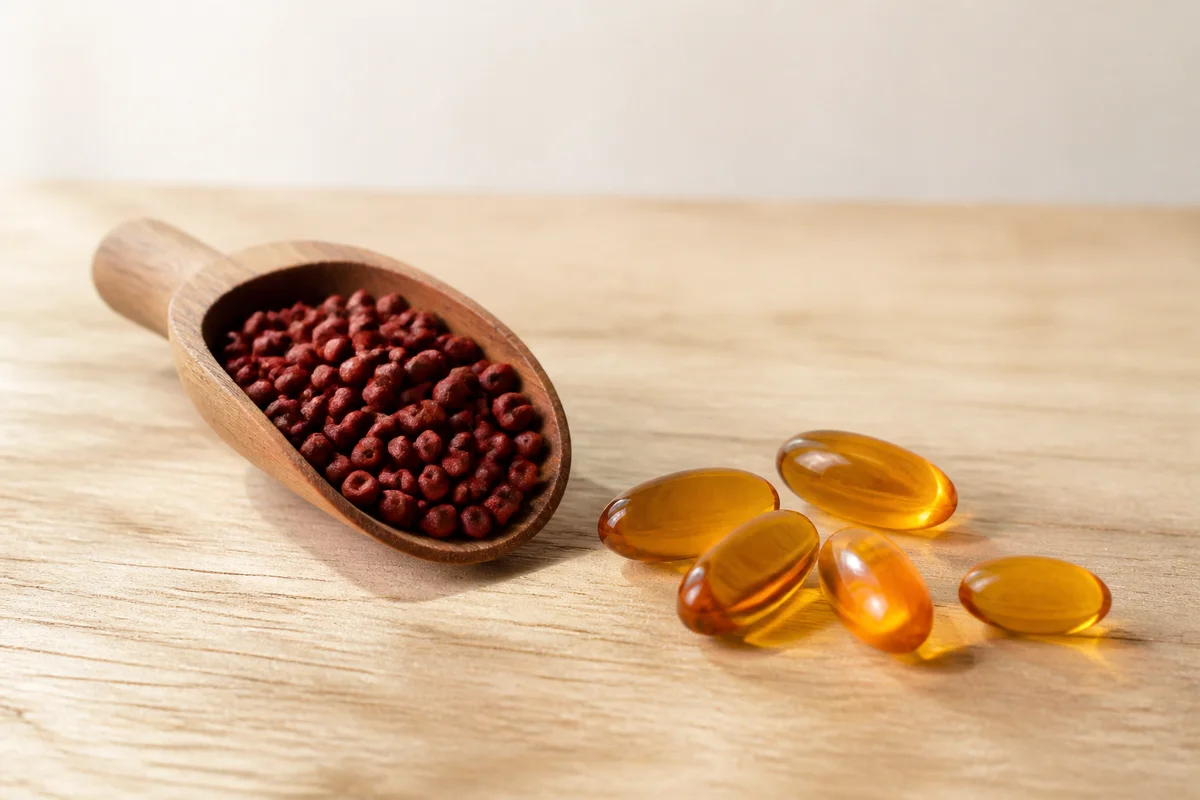 Annatto seeds in a wooden scoop beside amber softgels