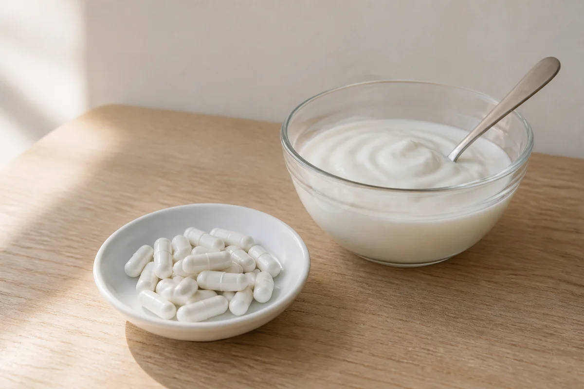 A dish of capsules beside a bowl of plain yogurt