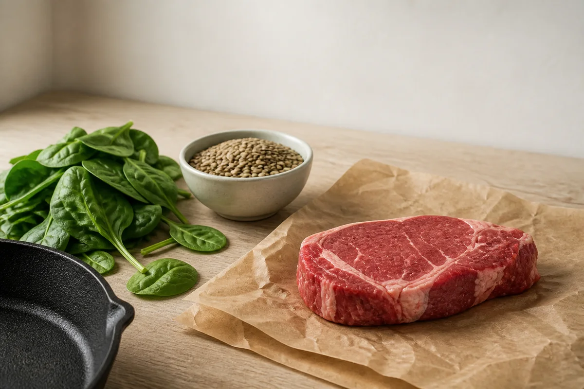 Spinach, lentils and steak — iron-rich foods on a kitchen table