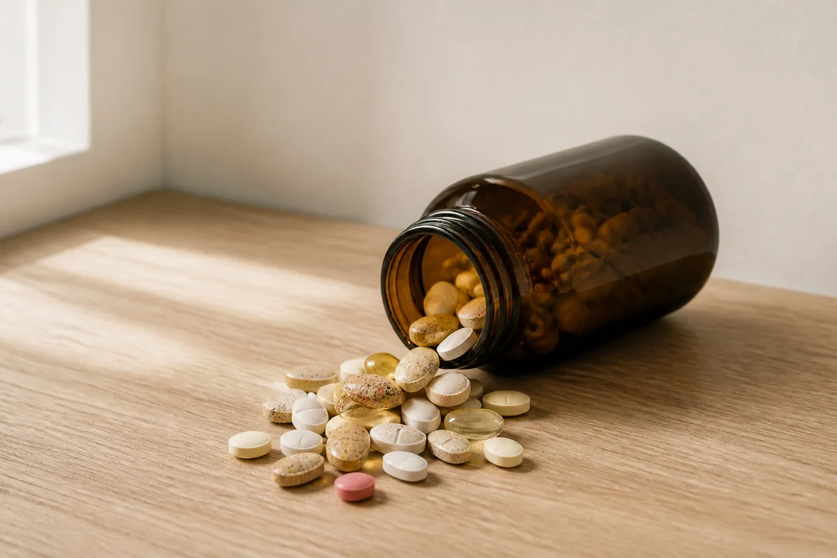 Multivitamin tablets spilling from an amber glass bottle