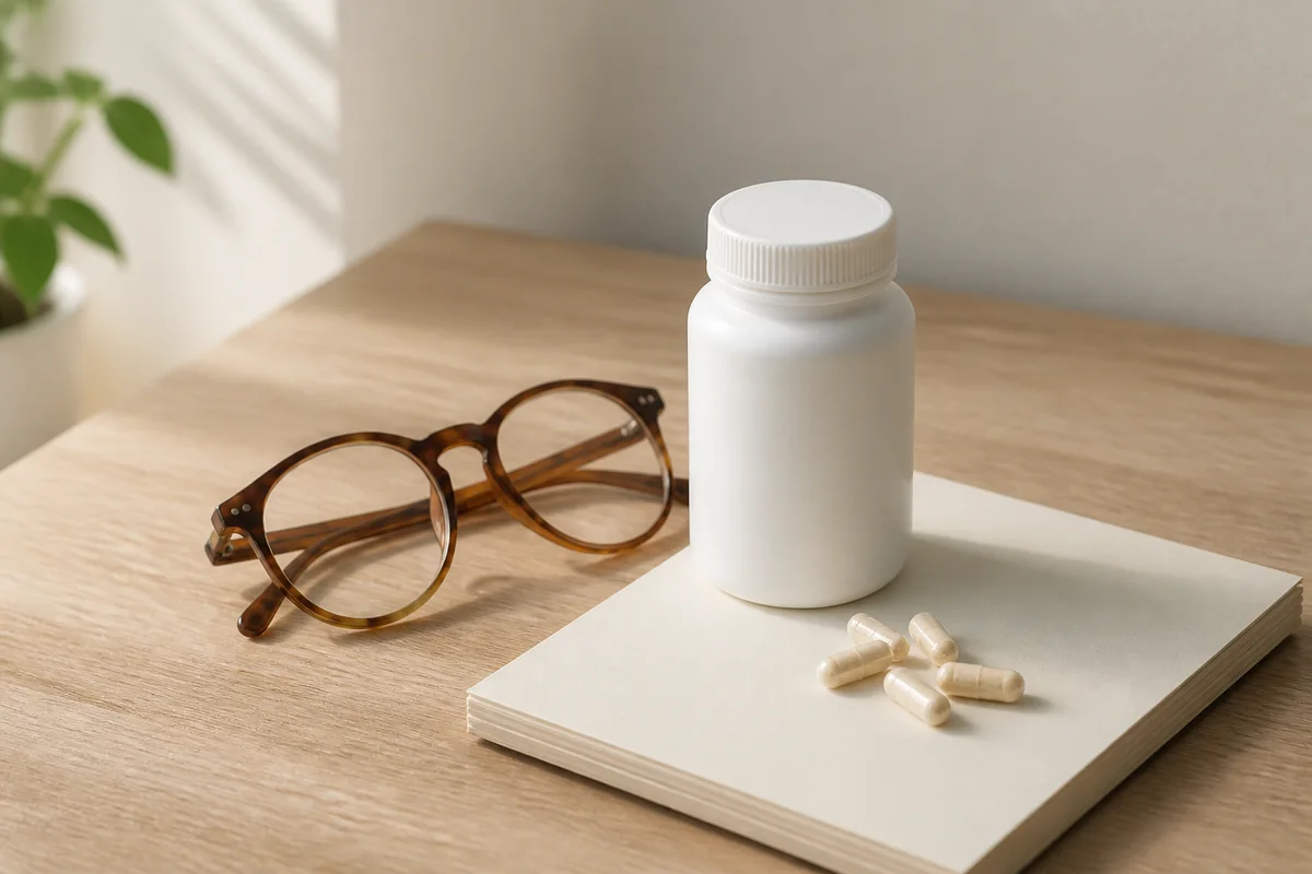 Reading glasses beside an unlabeled supplement bottle and capsules
