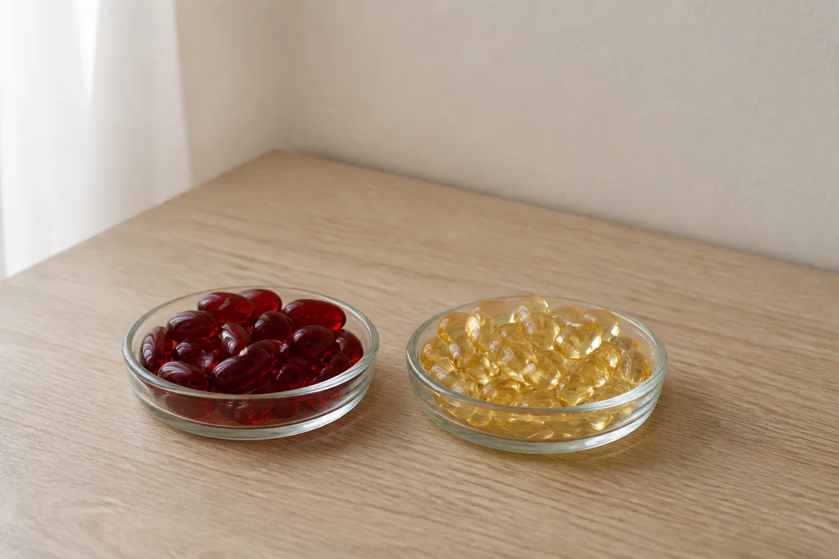 Red krill oil softgels beside golden fish oil softgels