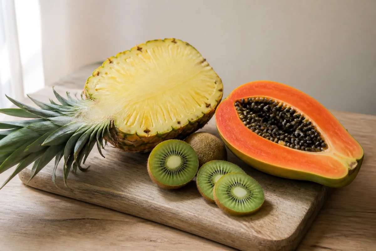 Pineapple, papaya and kiwi cut open on a wooden board