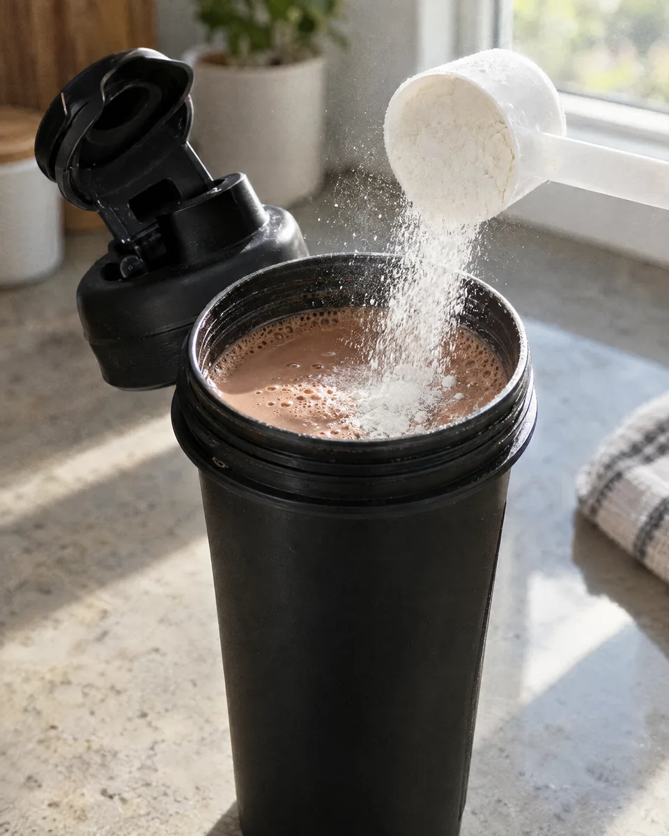 A scoop of white powder being poured into a chocolate protein shake