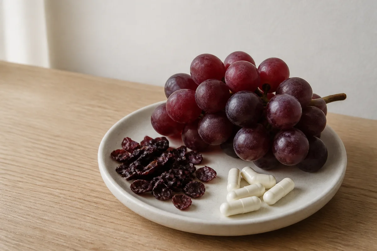 Dark red grapes, dried grape skins and capsules