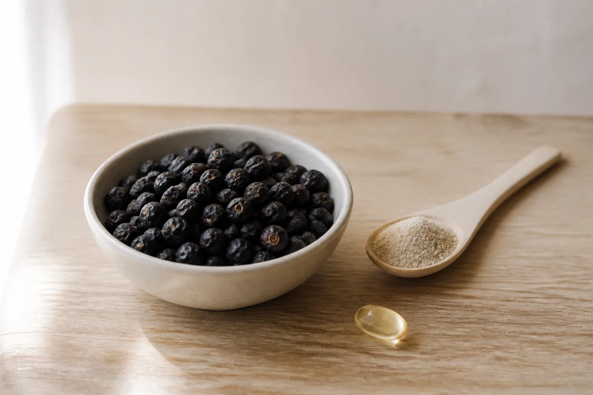 Dried saw palmetto berries beside extract powder and a softgel