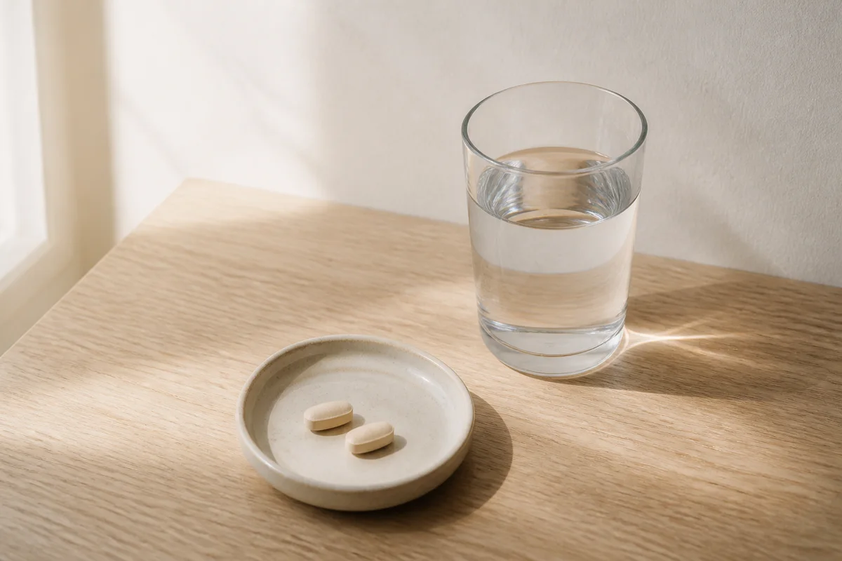 Two multivitamin tablets on a tray beside a glass of water