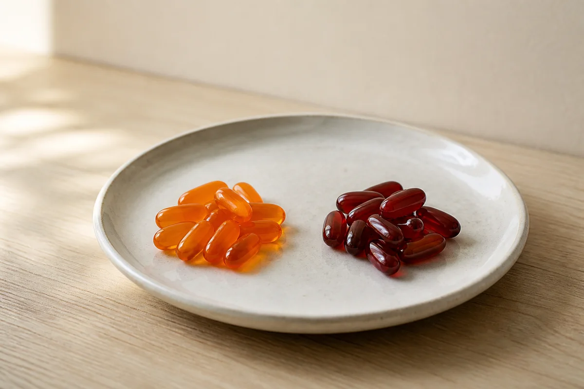 Orange ubiquinone and dark red ubiquinol softgels side by side