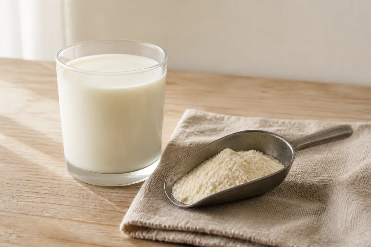 A glass of milk beside a scoop of colostrum powder