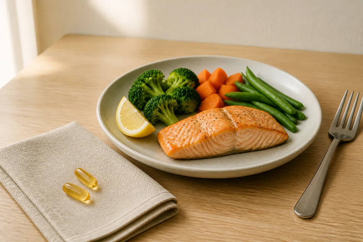 A salmon dinner plate with two capsules on a folded napkin