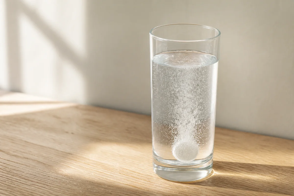 An effervescent tablet dissolving in a glass of water
