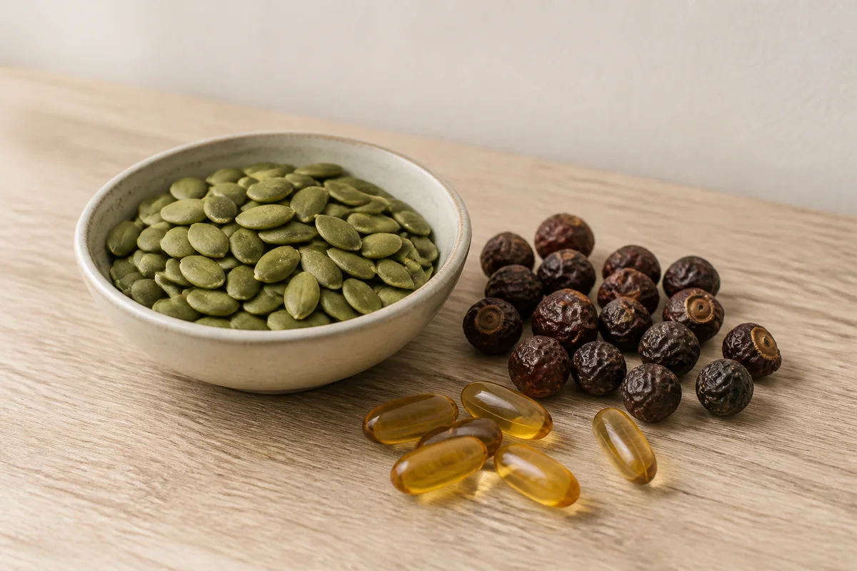 Pumpkin seeds, saw palmetto berries and softgels