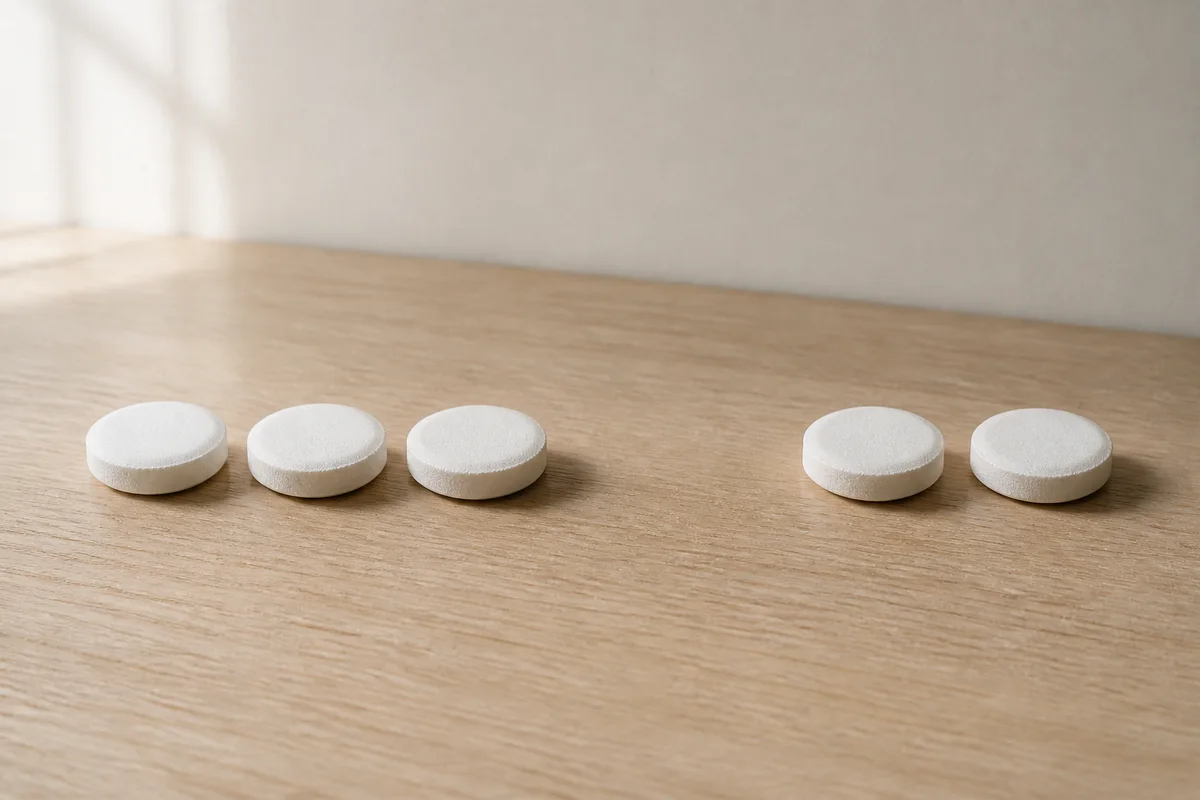 Five effervescent tablets in a row with a gap where two would sit