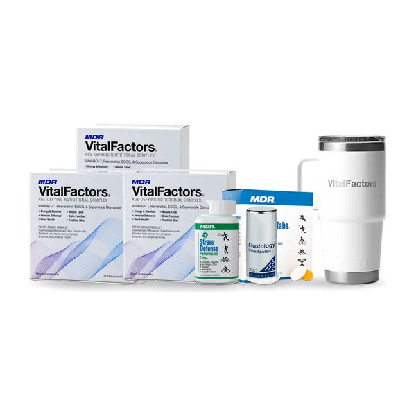 Three boxes of VitalFactors, Fitness Tabs for Men, Stress Defense Performance Tabs, the anti-aging face moisturizer and the VitalFactors YETI mug