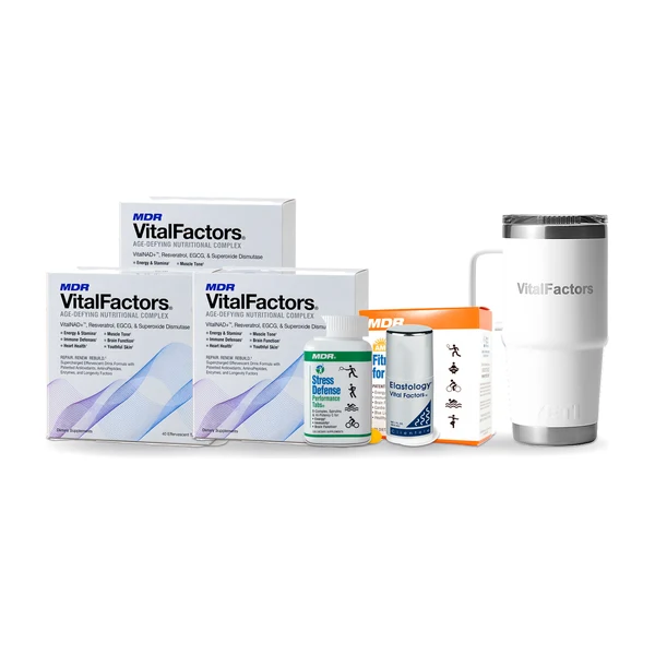 Three boxes of VitalFactors, Fitness Tabs for Women, Stress Defense Performance Tabs, the anti-aging face moisturizer and the VitalFactors YETI mug