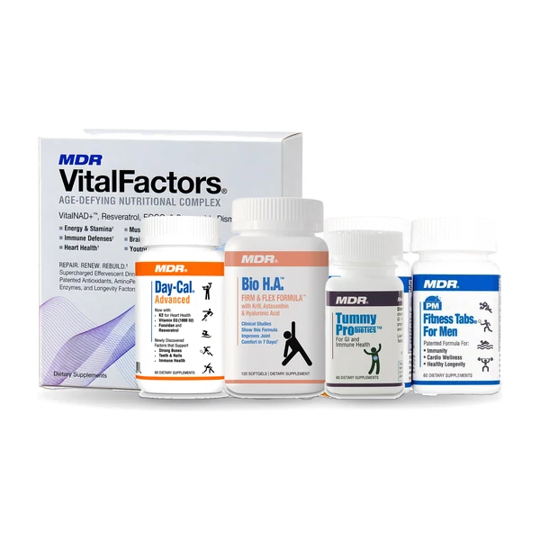 A box of VitalFactors, Fitness Tabs for Men, Day-Cal Advanced, Bio H.A. and Tummy ProBiotics