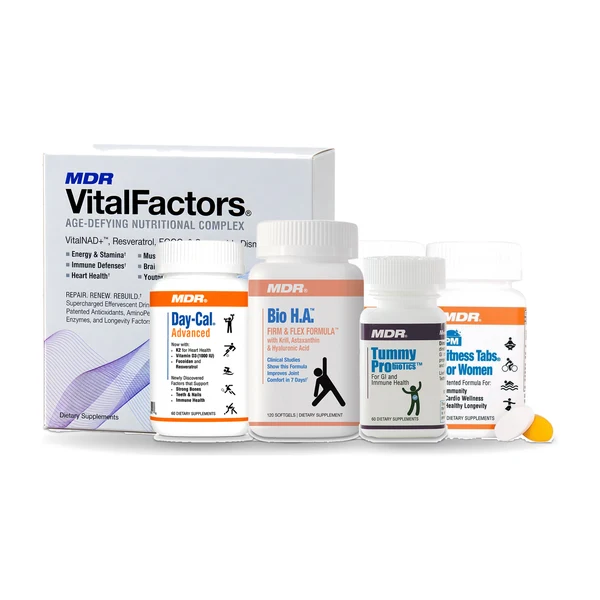 A box of VitalFactors, Fitness Tabs for Women, Day-Cal Advanced, Bio H.A. and Tummy ProBiotics