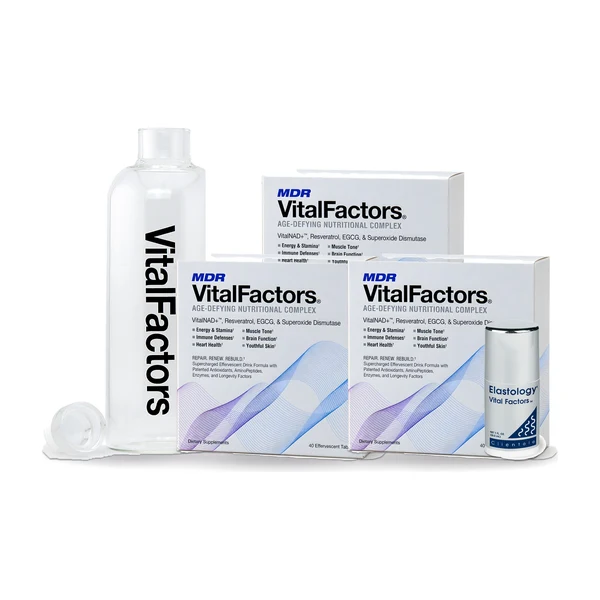 Three boxes of VitalFactors with the glass flask and the anti-aging face moisturizer
