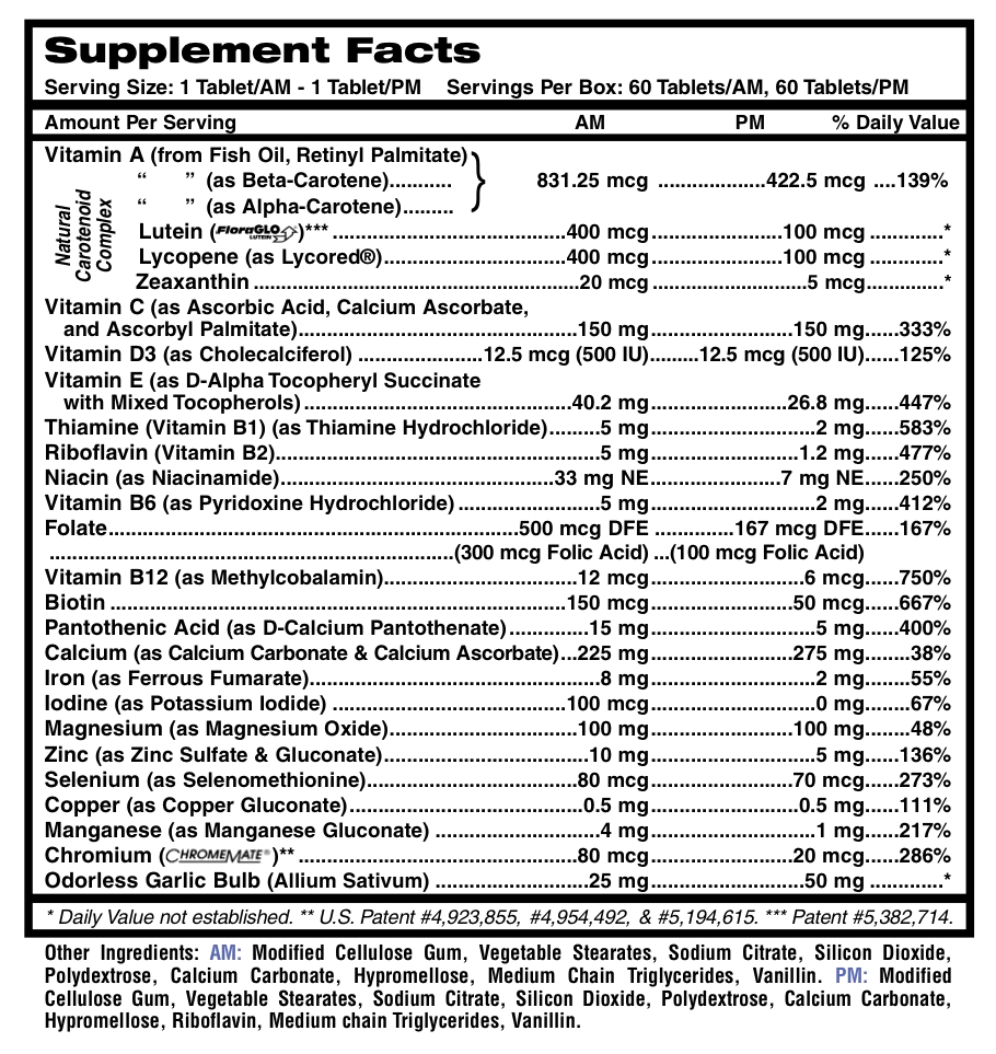 Fitness Tabs for Men Supplement Facts panel — AM and PM tablets