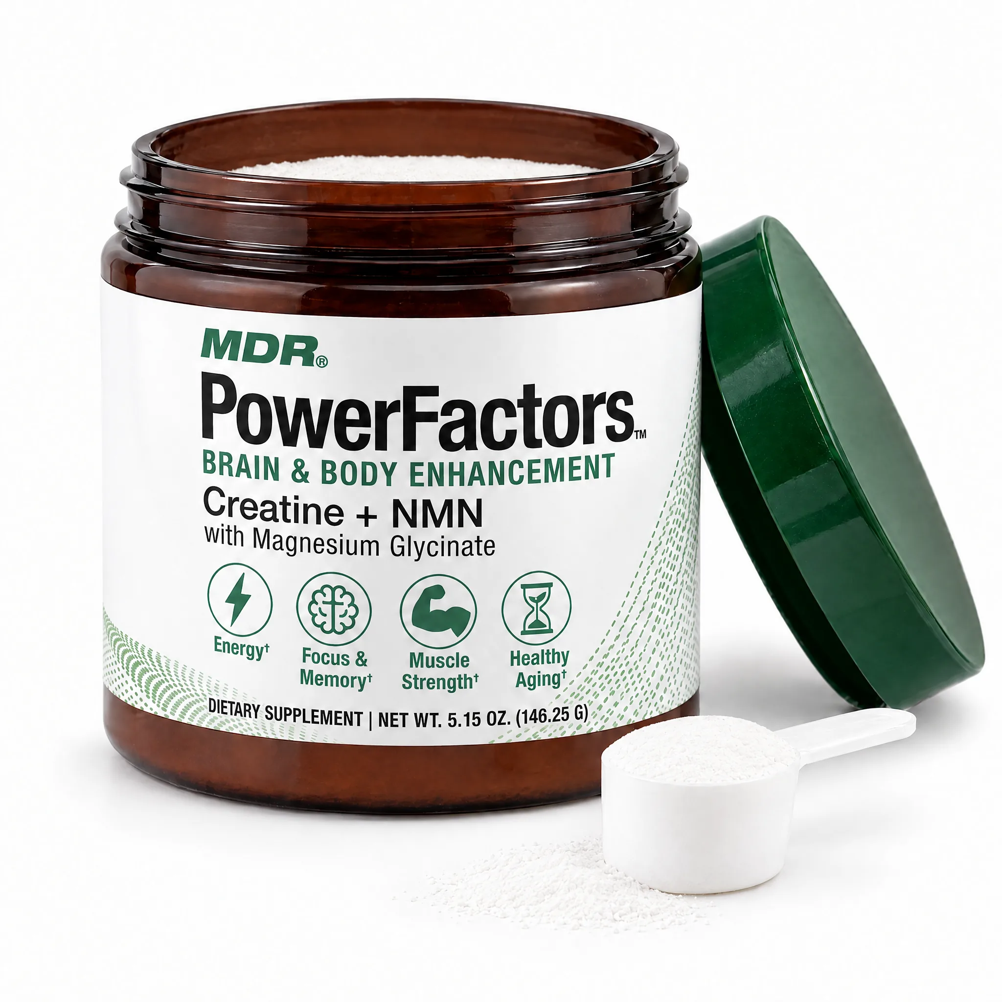 MDR PowerFactors open jar of fine white powder with a level scoop