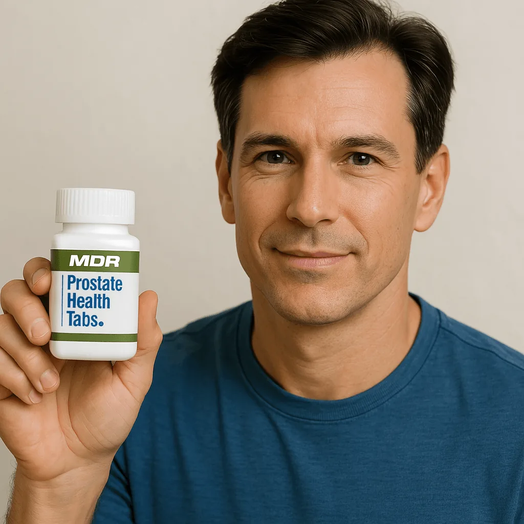 A man holding a bottle of MDR Prostate Health Tabs