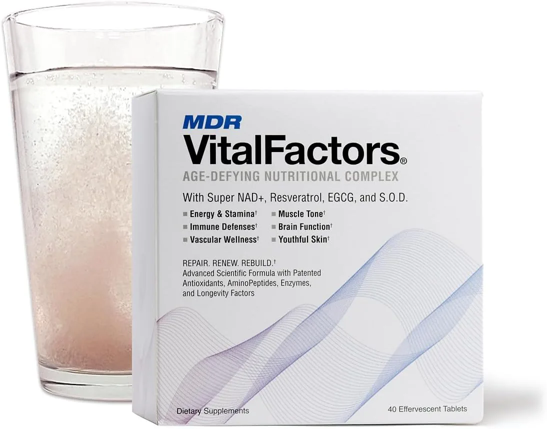 MDR VitalFactors Age-Defying Nutritional Complex package next to a glass of dissolved effervescent tablet