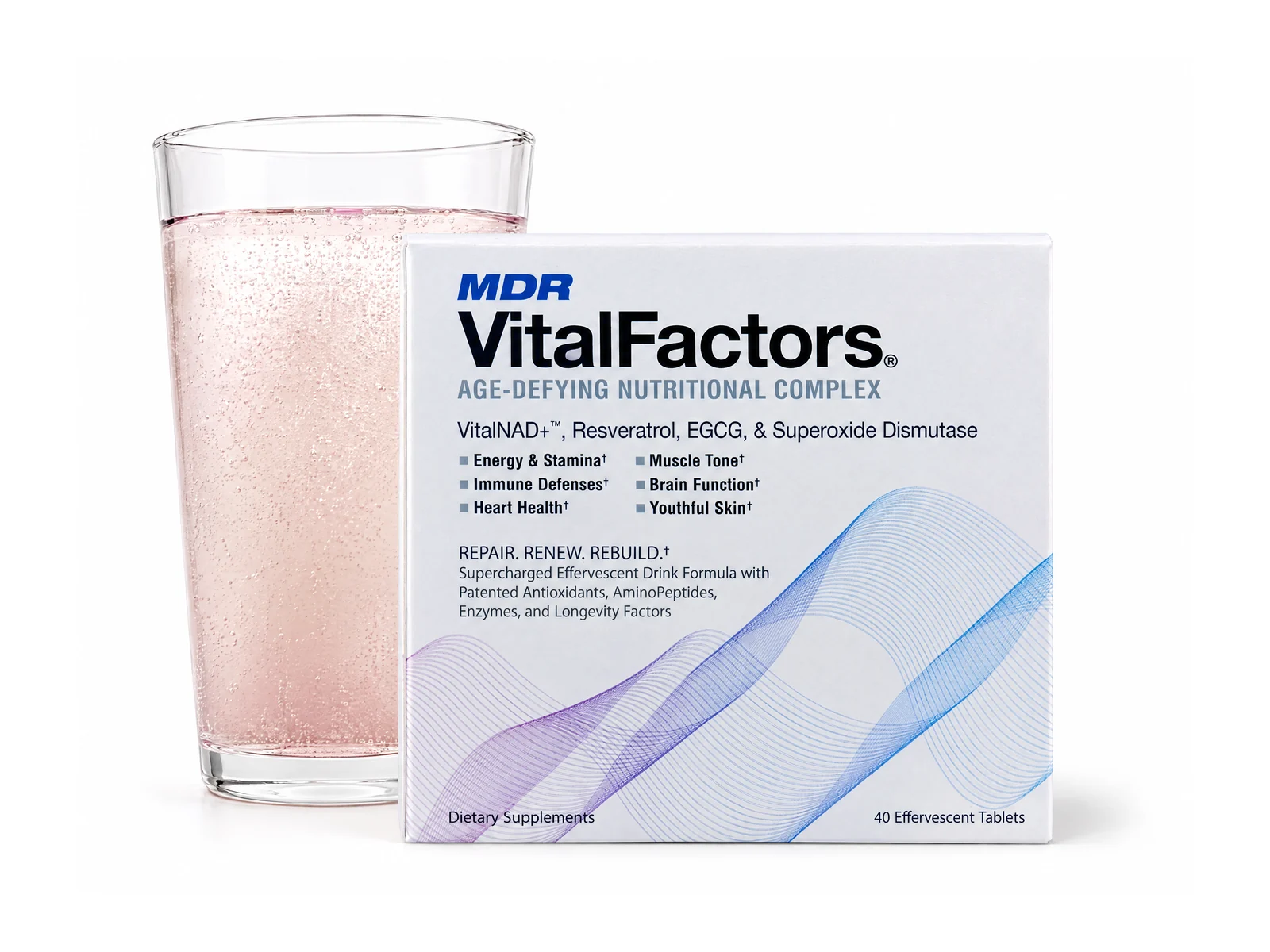 VitalFactors box next to a glass of the dissolved drink