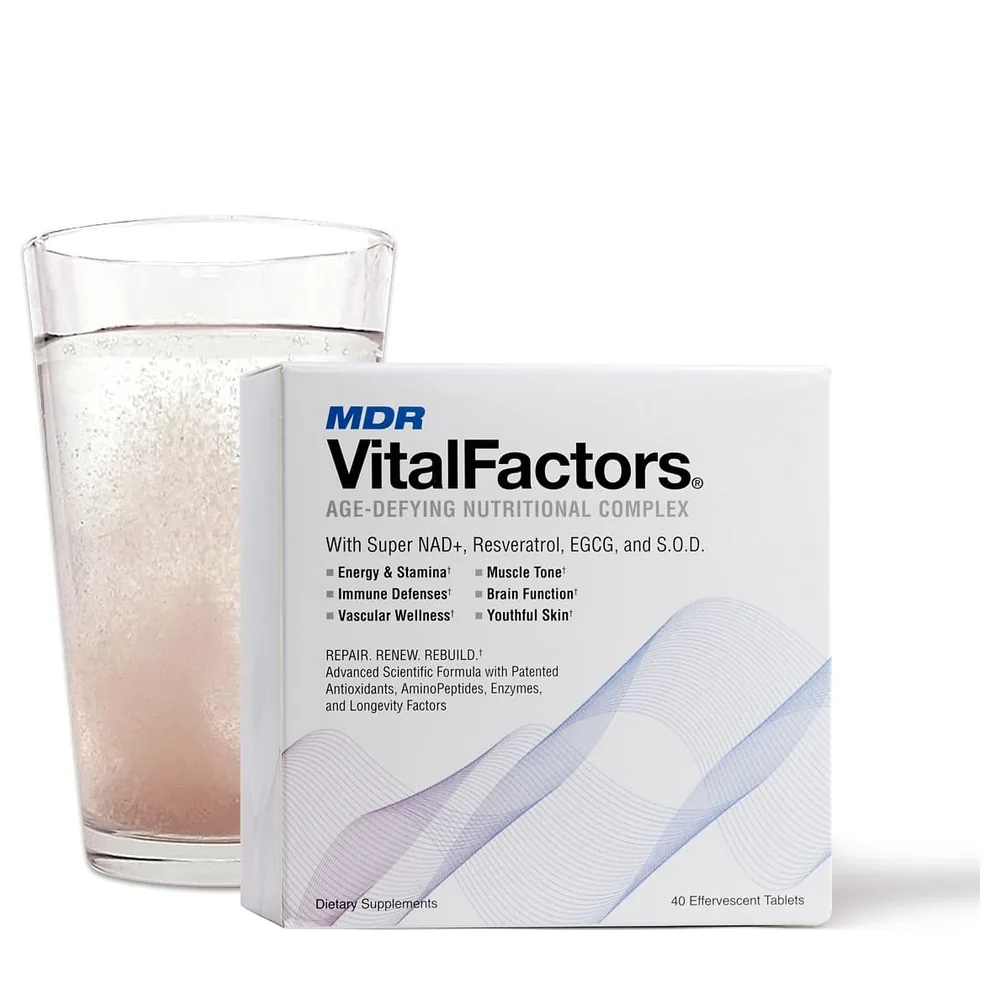 VitalFactors box with effervescent tablet dissolving in glass