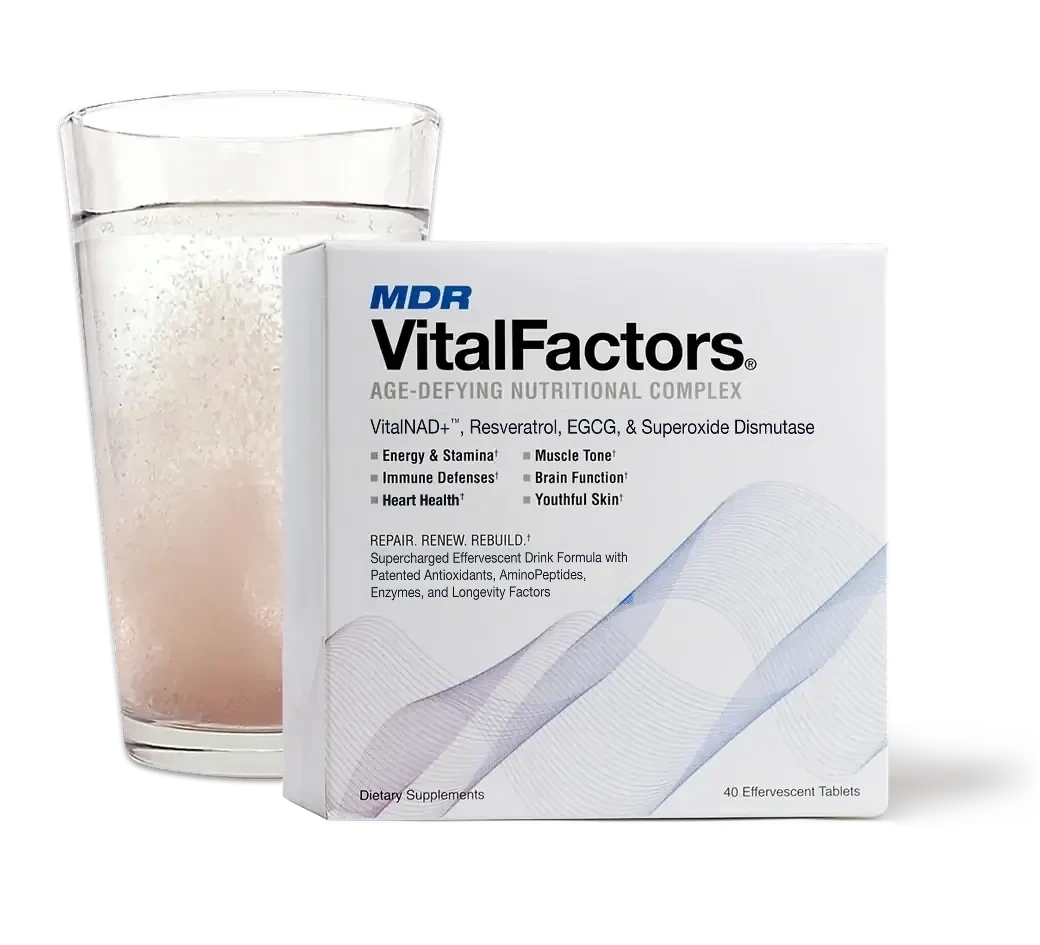 VitalFactors box beside a glass of water with the effervescent tablets dissolving