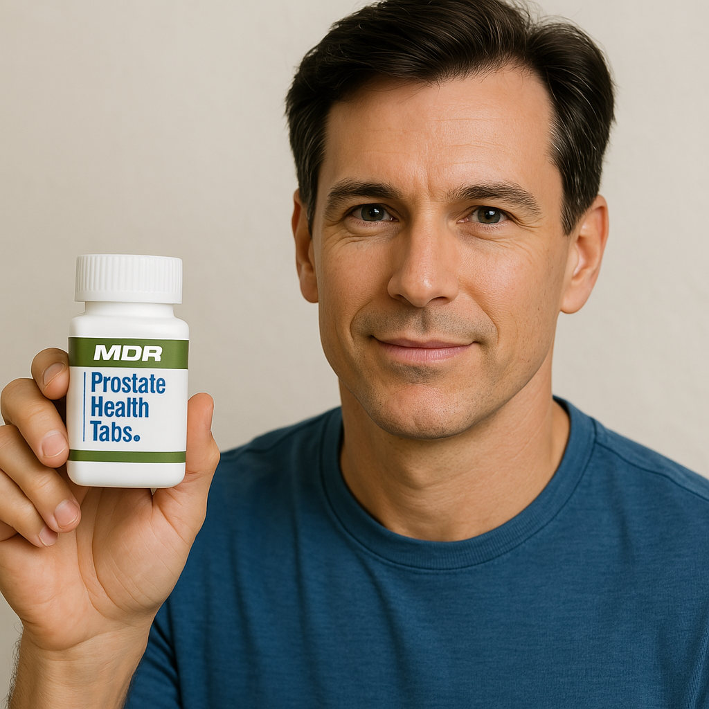 An AI-Generated image of a man holding a bottle of MDR Prostate Health Tabs.